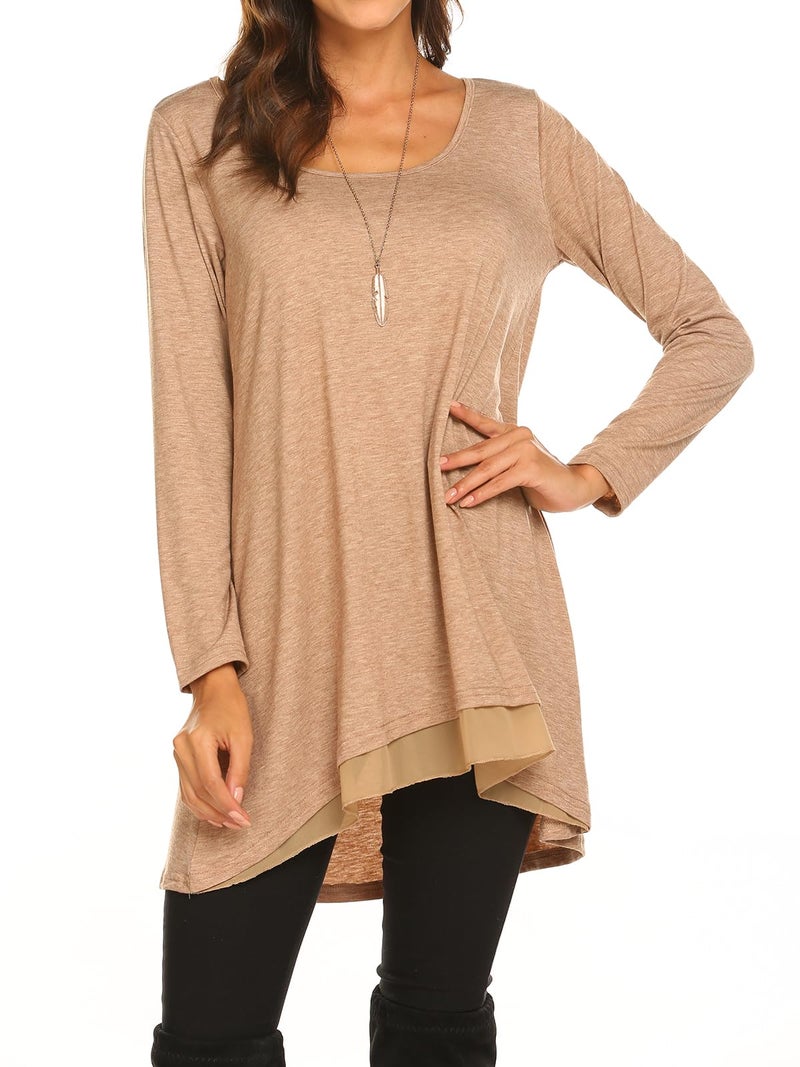 Poetsky Women Long Sleeve Round Neck Chiffon Hem Loose Layered Tunic Tops (S, Brown) - Image 4