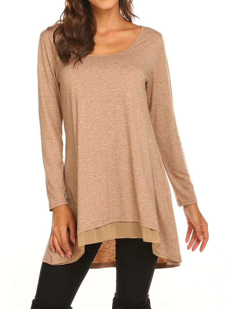 Poetsky Women Long Sleeve Round Neck Chiffon Hem Loose Layered Tunic Tops (S, Brown) - Image 2