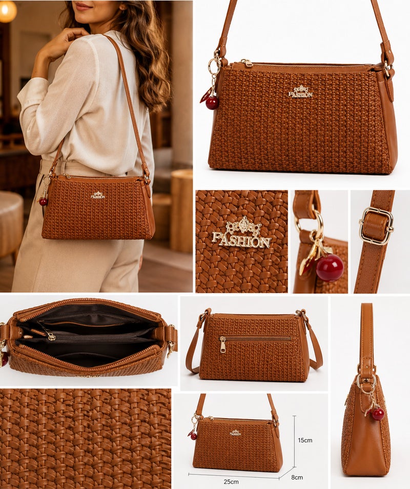 Kanaz-Women's Woven Crossbody Shoulder Bag with Adjustable Strap and Zip Closure - Image 3