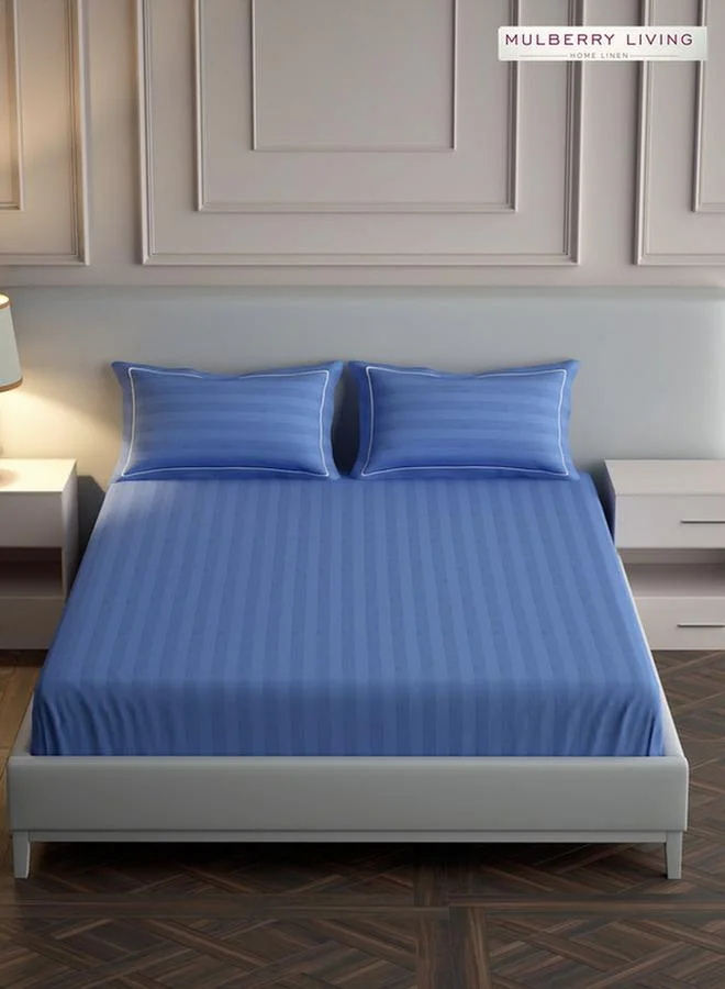 Mulberry Living 100% Cotton King Flat Bedsheet With 2 Pillow Covers - 300Tc Elysian Stripes - Med.Blue