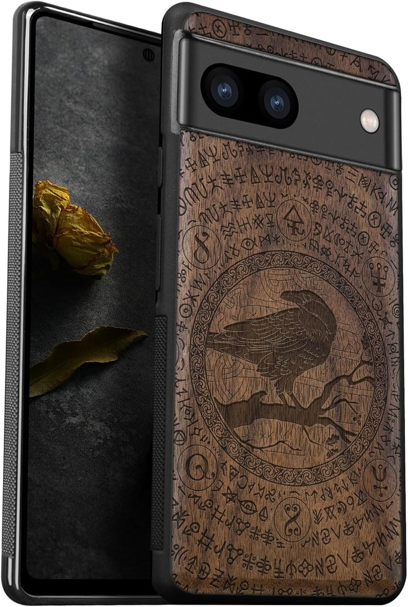 تصميم عصري متعدد غطاء كارفيت الخشبي لهاتف Pixel 8 [خشب طبيعي وTPU ناعم أسود] غطاء خشبي فريد مقاوم للصدمات وحماية متوافق مع Google Pixel 8 (أنشينت إيكوز إن نورس لور-والنوت) - Image 1
