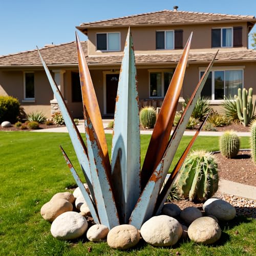 KODIBO 24 Large Metal Agave Plants Outdoor Decor Vintage Blue Tequila Rustic Sculpture Outdoor Statues Agave Metal Plants for Yard Garden Lawn OrnamentsArtisan Metal Agave Landscape Decor - Image 1