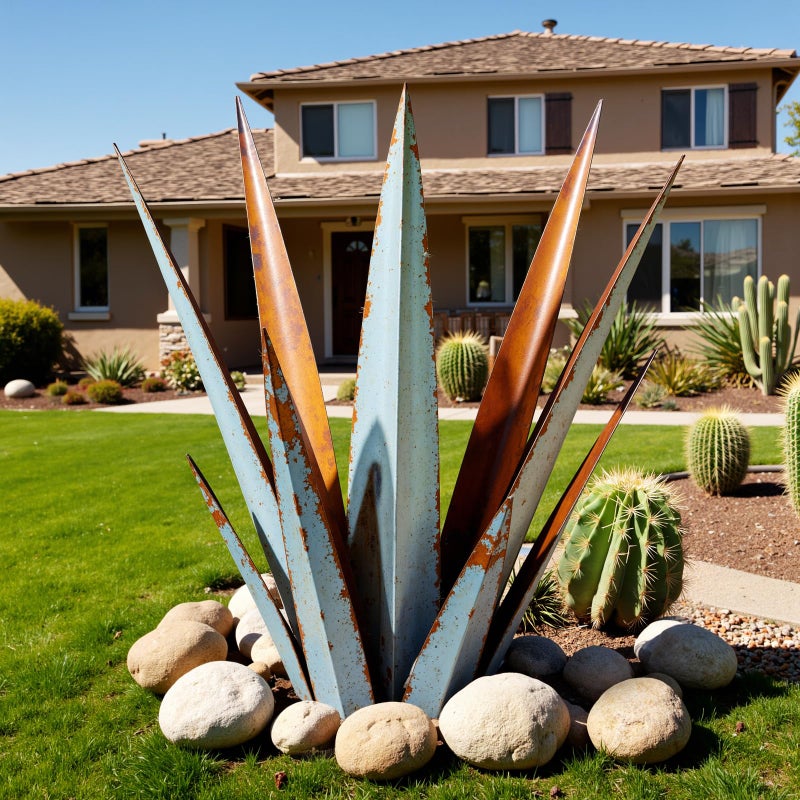 KODIBO 24 Large Metal Agave Plants Outdoor Decor Vintage Blue Tequila Rustic Sculpture Outdoor Statues Agave Metal Plants for Yard Garden Lawn OrnamentsArtisan Metal Agave Landscape Decor - Image 2