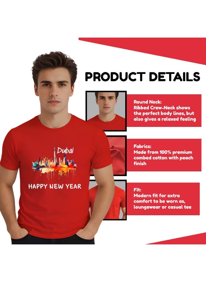 تي شيرت رجالي Happy New Year Dubai للكبار - تي شيرت رجالي برقبة دائرية وأكمام قصيرة مع سنة جديدة سعيدة وتصميم دبي - مثالي للاحتفال بحفلة رأس السنة الجديدة - Image 4