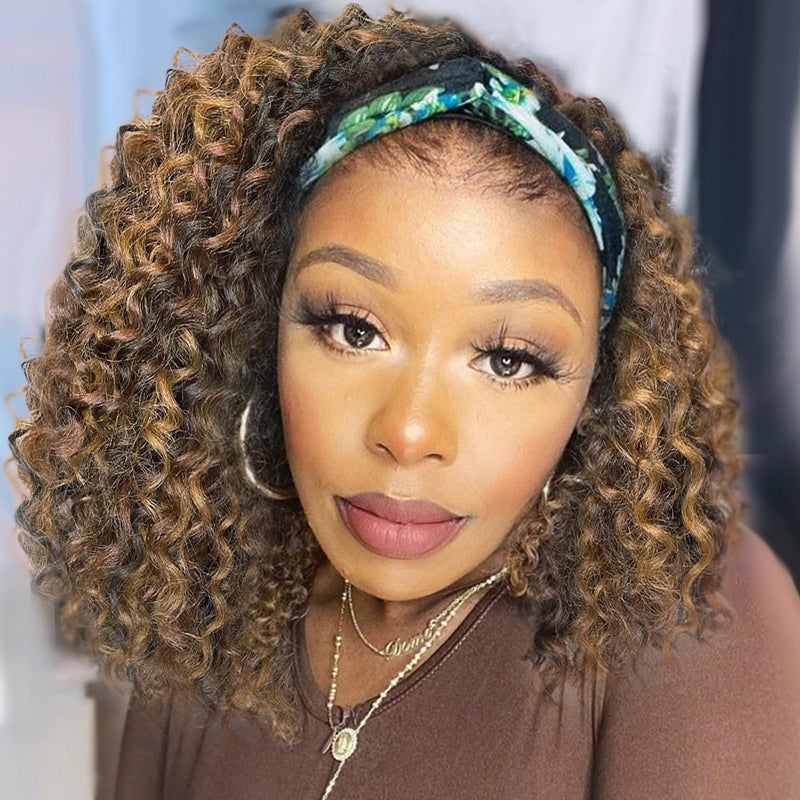 Aisaide Headband Wig 12 Inch Kinky Curly Headband Wigs for Black Women Glueless No Lace Front Wig Deep Curly Half Hair Wigs - Image 1