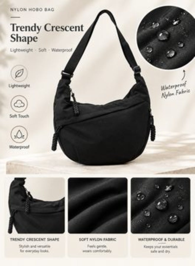 Alephio Hobo Bags for Women Lightweight Nylon Crossbody Bags Trendy Crescent Shoulder Bag Multi-Pocket Hobo Bag Casual Dumpling Bag (Black) - Image 2