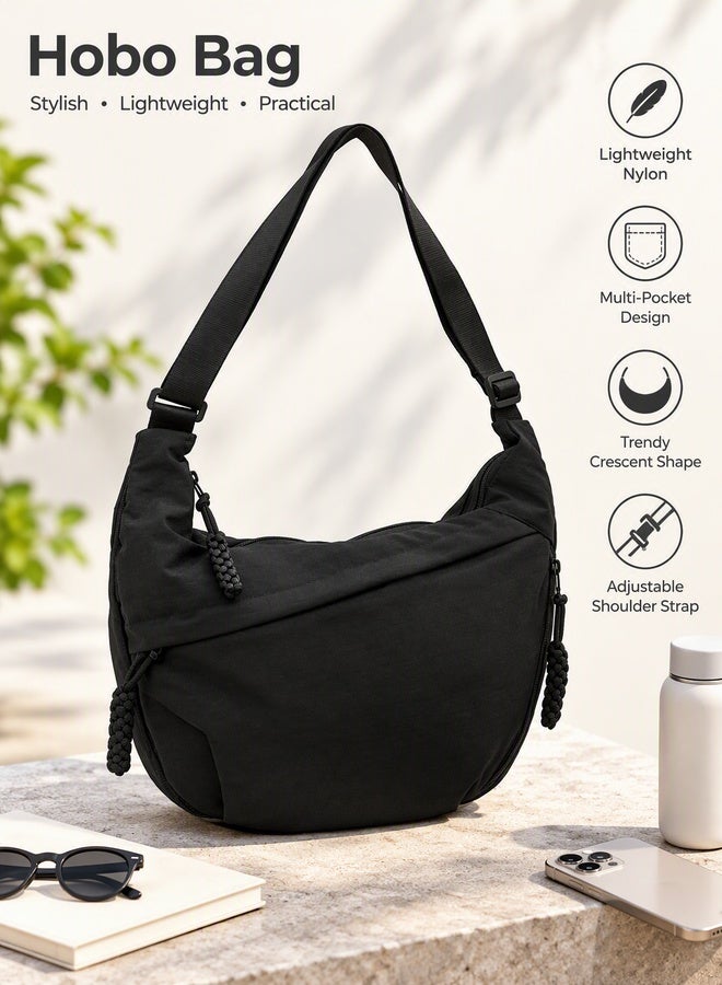 Alephio Hobo Bags for Women Lightweight Nylon Crossbody Bags Trendy Crescent Shoulder Bag Multi-Pocket Hobo Bag Casual Dumpling Bag (Black) - Image 1
