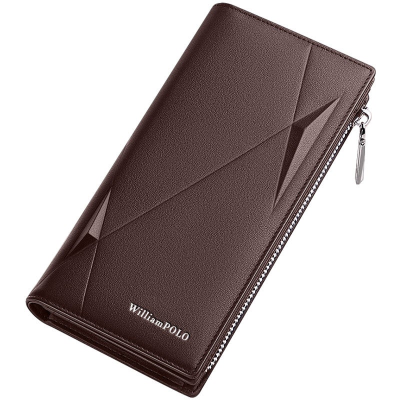 Men's Genuine Leather Clutch Wallet - Large Capacity, Zipper Pocket, 19 Card Slots