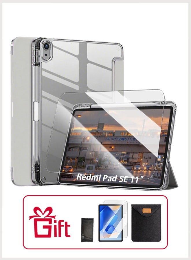Redmi Pad SE 11 Inch Cover, For Redmi SE Cover With Pen Slot, Tpu Transparent Case Tri-Fold Stand Smart Wake-Up/ AED 23 Gift Set Anti-Glare Protective Film- Gray - Image 1
