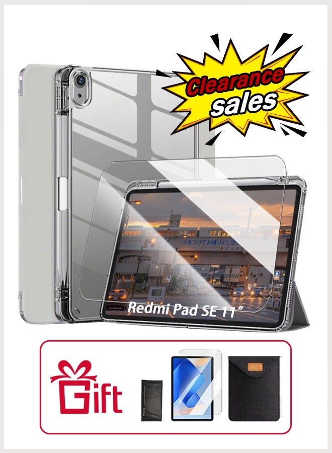 Redmi Pad SE 11 Inch Cover, For Redmi SE Cover With Pen Slot, Tpu Transparent Case Tri-Fold Stand Smart Wake-Up/ AED 23 Gift Set Anti-Glare Protective Film- Gray - Image 1