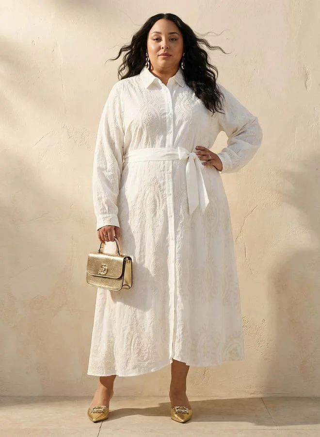 Ulla Popken Ulla Popken Midi Shirt Dress with Floral Embroidery
