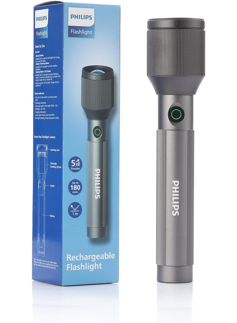 Philips 24 W Rechargeable LED Torch Light | 1100 Lumens Brightness | 950 m Beam Range | Zoomable Focus | Stepless Dimming | 3000 mAh Battery | 5 Modes (High, Low, Dimming, Strobe, SOS) | Water- & Drop-Resistant Aluminium Flashlight for Home, Camping & Emergency Use grey - Image 1