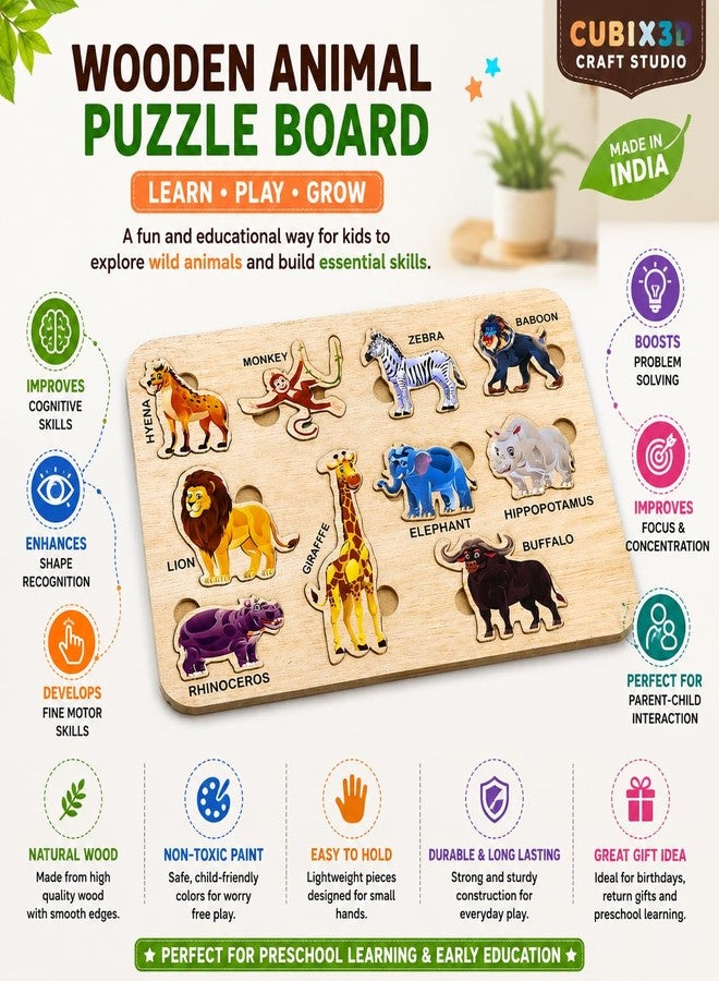 CUBIX3D Wooden Learning Puzzle Board for Kids | Educational Peg Puzzle Toy for Toddlers & Preschool Children | Alphabet, Shapes & Animal Learning Boards (Animal Puzzle) - Image 2
