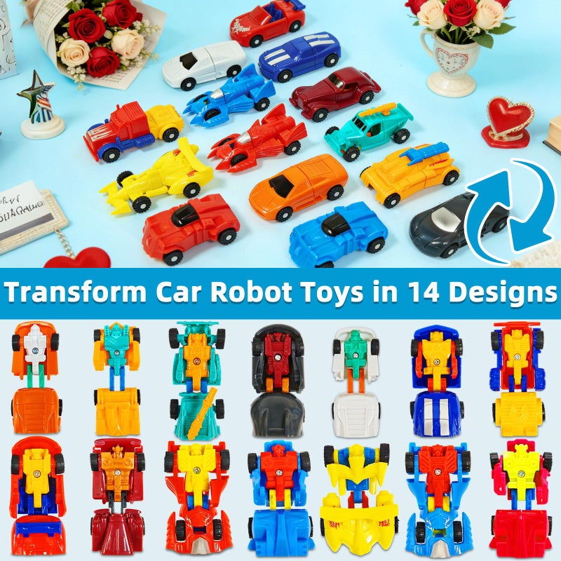 AMENON 28 Pack Easter Basket Stuffers, Transforming Car Robot Toys Easter Gifts for Kids Classroom Exchange 14 Style Mini Vehicle Transform Toys Party Favor for Boys, Easter Basket Fillers Ideas Gifts - Image 2