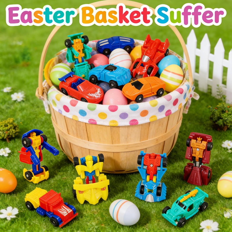 AMENON 28 Pack Easter Basket Stuffers, Transforming Car Robot Toys Easter Gifts for Kids Classroom Exchange 14 Style Mini Vehicle Transform Toys Party Favor for Boys, Easter Basket Fillers Ideas Gifts - Image 3