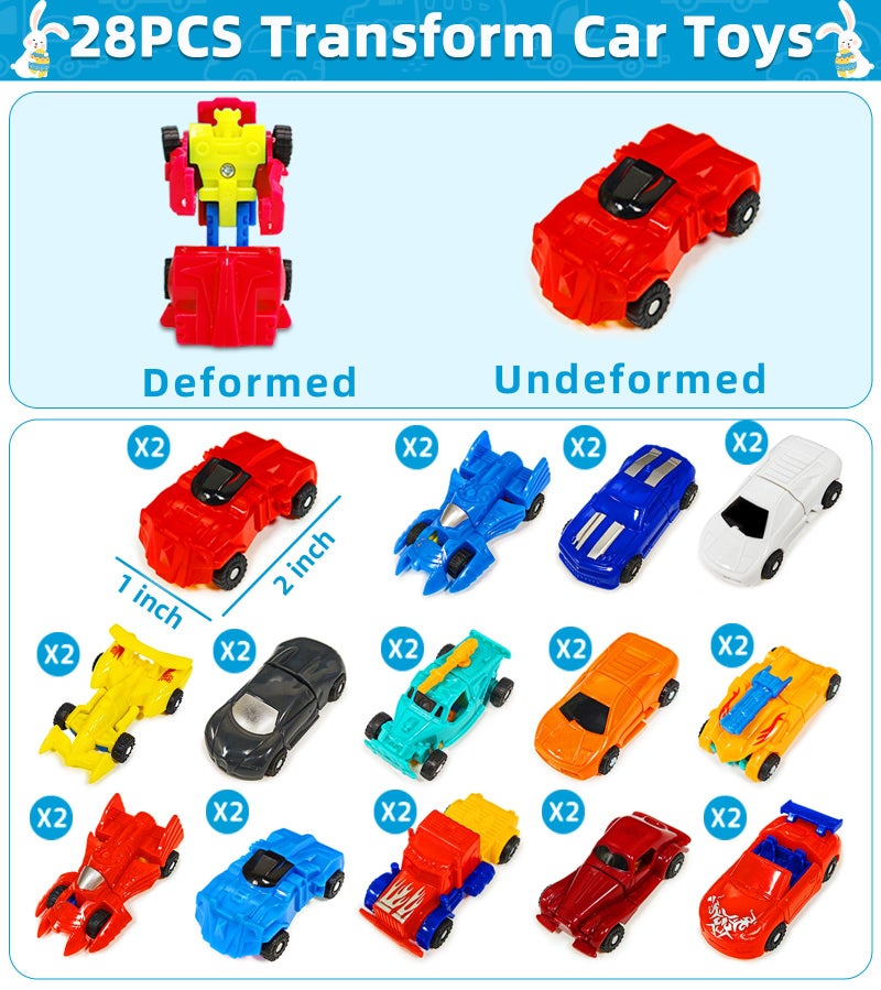 AMENON 28 Pack Easter Basket Stuffers, Transforming Car Robot Toys Easter Gifts for Kids Classroom Exchange 14 Style Mini Vehicle Transform Toys Party Favor for Boys, Easter Basket Fillers Ideas Gifts - Image 4