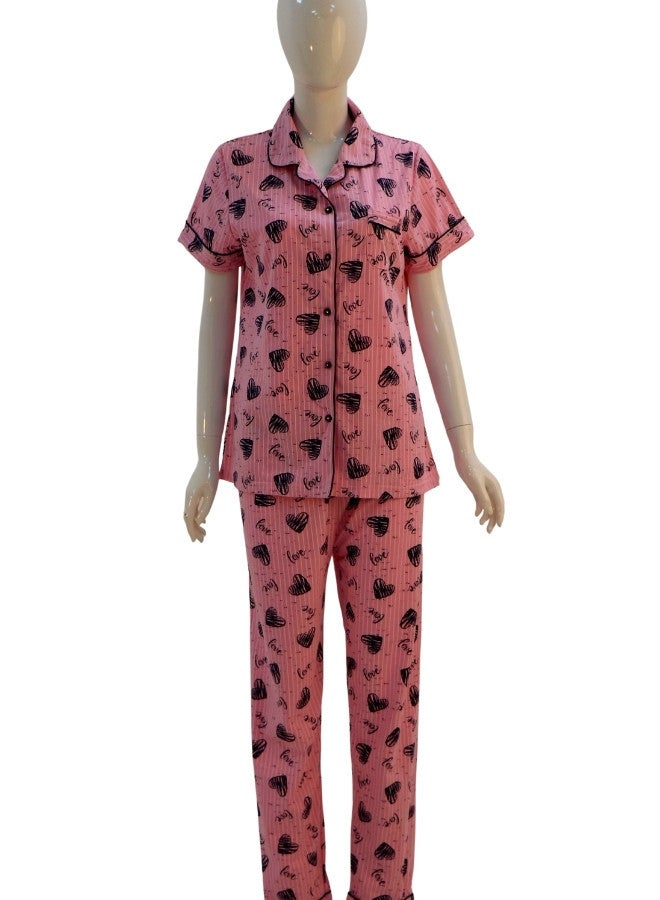 JOANNA JOANNA Women's Hearts Design Button Down Short Sleeve Shirt & Long Pants Pajama Set, Baby Pink  - Image 1