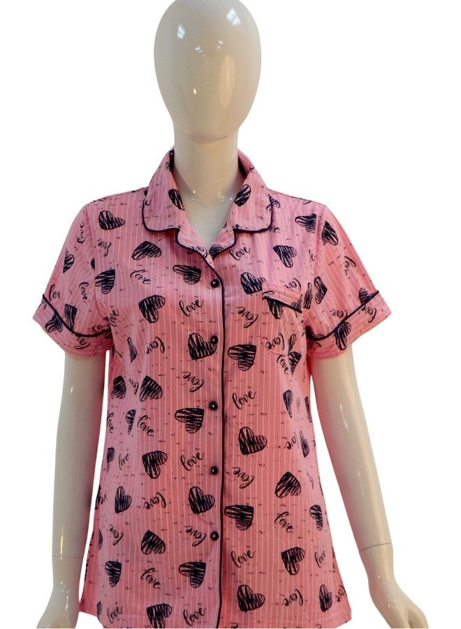 JOANNA JOANNA Women's Hearts Design Button Down Short Sleeve Shirt & Long Pants Pajama Set, Baby Pink  - Image 2