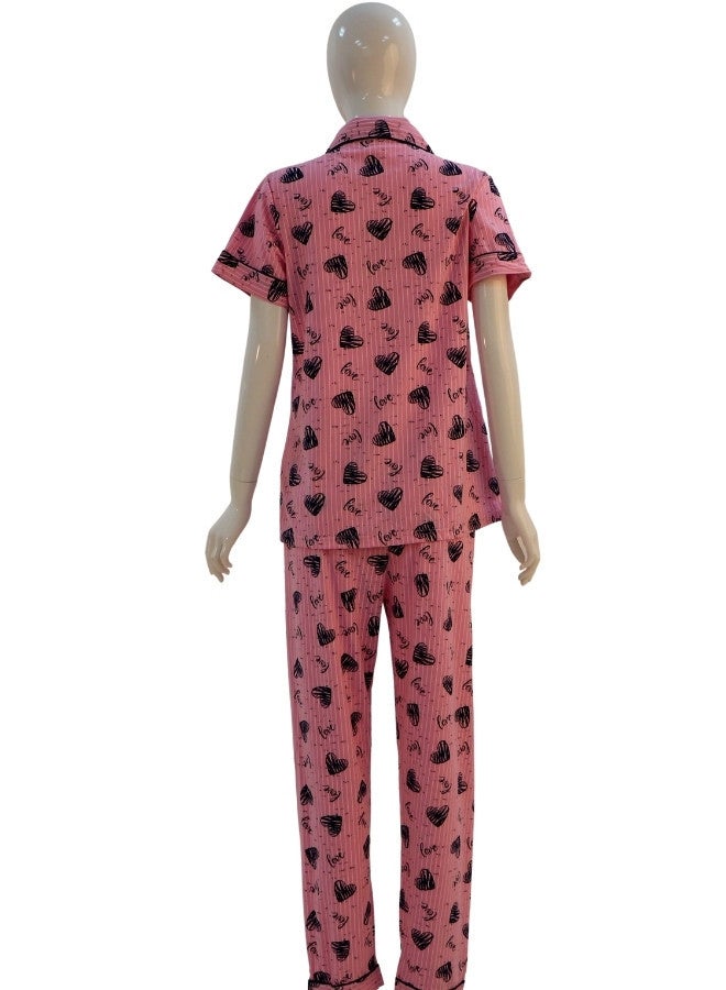 JOANNA JOANNA Women's Hearts Design Button Down Short Sleeve Shirt & Long Pants Pajama Set, Baby Pink  - Image 5