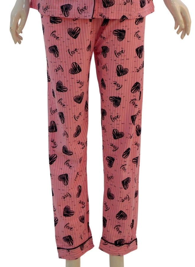 JOANNA JOANNA Women's Hearts Design Button Down Short Sleeve Shirt & Long Pants Pajama Set, Baby Pink  - Image 3