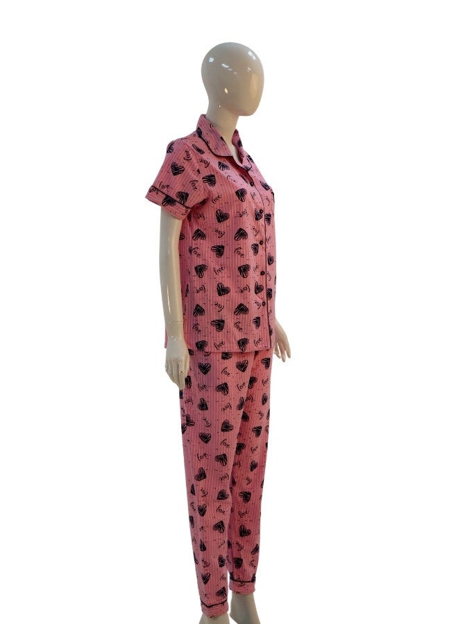 JOANNA JOANNA Women's Hearts Design Button Down Short Sleeve Shirt & Long Pants Pajama Set, Baby Pink  - Image 4