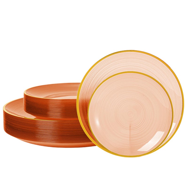 N9R 60PCS Orange Plastic Plates with Gold Trim - 30 Dinner & 30 Dessert Plates  Circular Ribbed Design  Elegant Disposable Plates for Weddings  Events  Banquets  Special Occasions (Translucent Orange) - Image 1