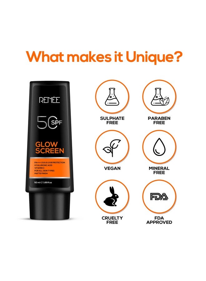 Renee Glowscreen Spf 50 Sunscreen Cream - 50Ml, Pa++++ Uva & Uvb Protection, Hyaluronic Acid & Vitamin C Enriched | Non-Greasy, Quick Absorbing Matte Formula, No White Cast - Ultimate Skin Protection - Image 5