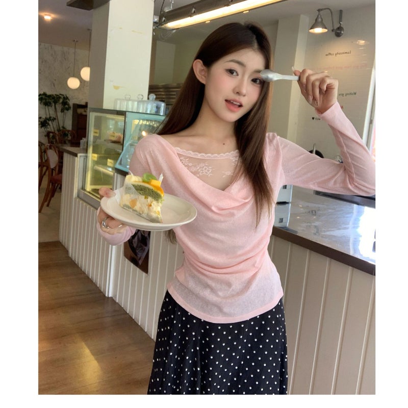 Women's Off-Shoulder Lace Spliced Asymmetrical Long Sleeve Slim Fit Blouse - Image 2
