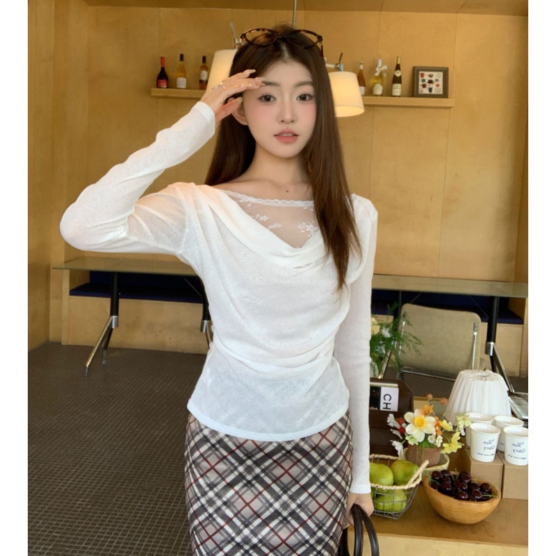 Women's Off-Shoulder Lace Spliced Asymmetrical Long Sleeve Slim Fit Blouse - Image 1