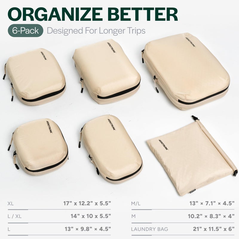 Aerotrunk Ultralight Compression Packing Cubes - Lightweight Travel Organizers for Suitcases and Luggage (6-Pack, Beige) - Image 2