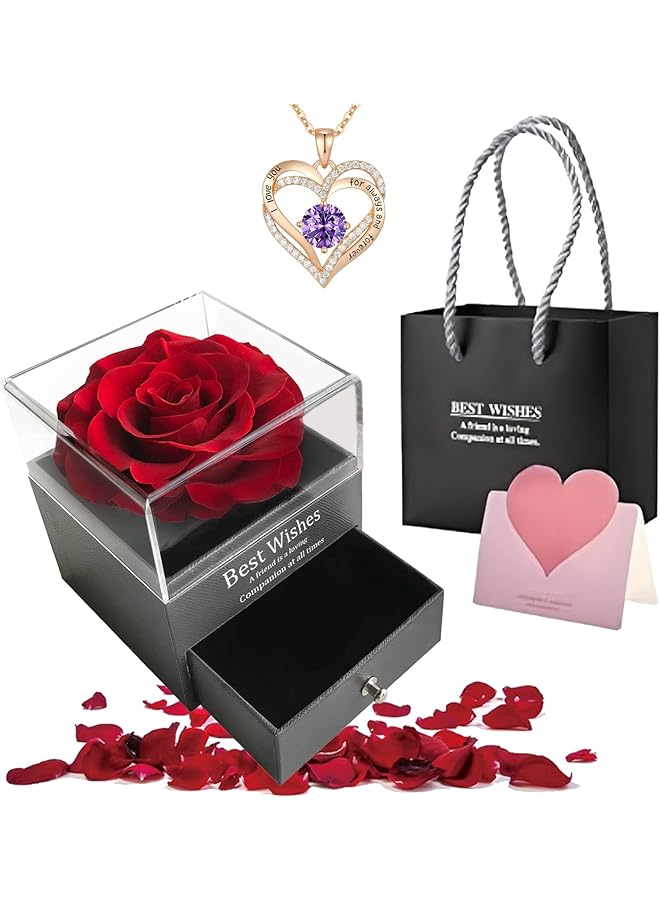erorex Eternal Rose With Gift Box Cute Eternal Red Rose Set With I Love You Necklace Handmade Preserved Rose Jewelry Box For Mom Wife Girlfriend A Romantic Gift For Her  - Image 1