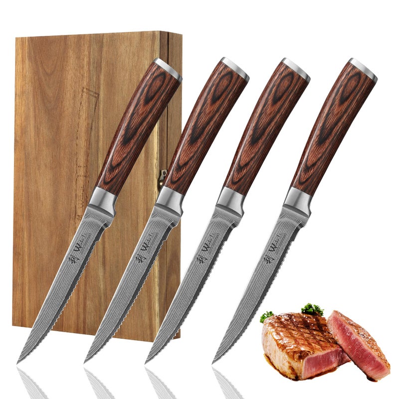 Wakoli Edib 4 Large Master Steak Knife Set  Sharp 12.50 Cm Blade  67 Layer Large Master Steel With Pakka Wood Handle I Edle Large Master Steak  A Wooden Box For Grilling Or As Cutlery. - Image 1