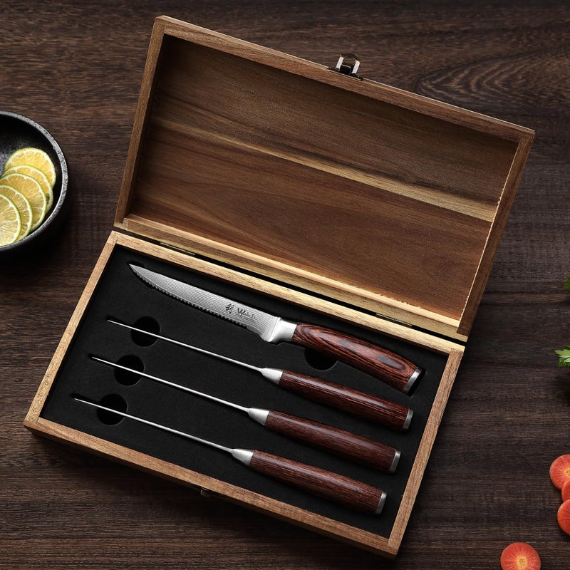 Wakoli Edib 4 Large Master Steak Knife Set  Sharp 12.50 Cm Blade  67 Layer Large Master Steel With Pakka Wood Handle I Edle Large Master Steak  A Wooden Box For Grilling Or As Cutlery. - Image 5