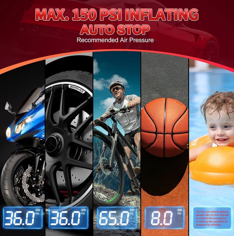 US1984 Smart Tyre Inflator, Air Compressor, Portable Air Pump 150 PSI for Car Tires Bikes Balls Balloons and Other Inflatables with Digital Gauge Cordless Electric Inflator Rechargeable - Image 4