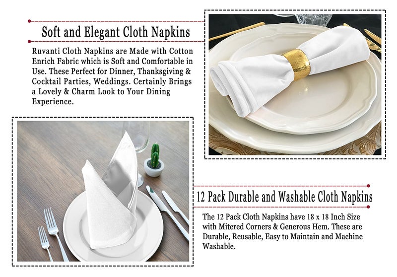 Ruvanti Cloth Napkins set of 12, 18x18 Inches Napkins Cloth Washable, Soft, Durable, Absorbent, Cotton Blend. Table Dinner Napkins Cloth for Hotel, Lunch, Restaurant, Weddings, Events, Parties - White - Image 5