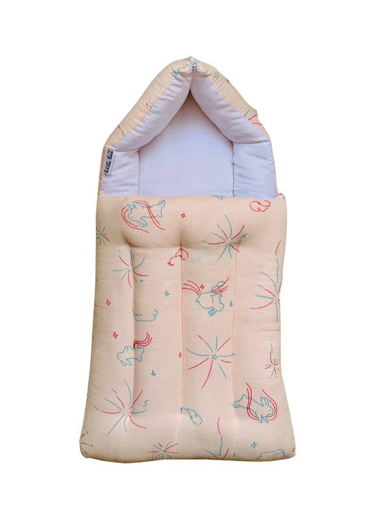 Little Bee 3 in 1 Baby bed, Sleeping Bag and Carrying Nest, Muslin Cotton New Born Bedding (0-6 Months) (Peach Rabit Star) (Light Weight),1 pack - Image 1