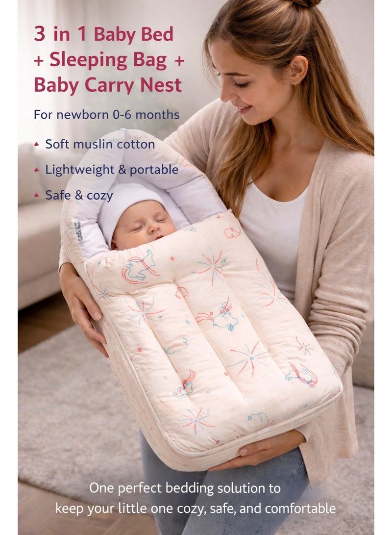 Little Bee 3 in 1 Baby bed, Sleeping Bag and Carrying Nest, Muslin Cotton New Born Bedding (0-6 Months) (Peach Rabit Star) (Light Weight),1 pack - Image 2