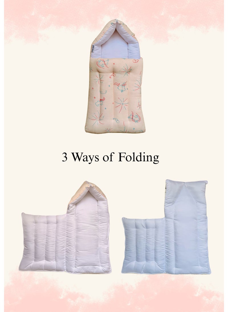 Little Bee 3 in 1 Baby bed, Sleeping Bag and Carrying Nest, Muslin Cotton New Born Bedding (0-6 Months) (Peach Rabit Star) (Light Weight),1 pack - Image 3