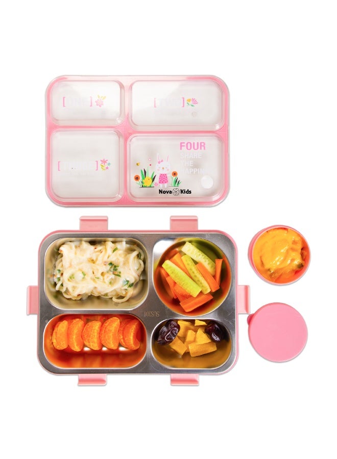 Nova kids Nova Kids Stainless Steel 3 Compartment Bento Lunch Box w/ Water Bottle, Spoon & Fork Set - Pink  - Image 2
