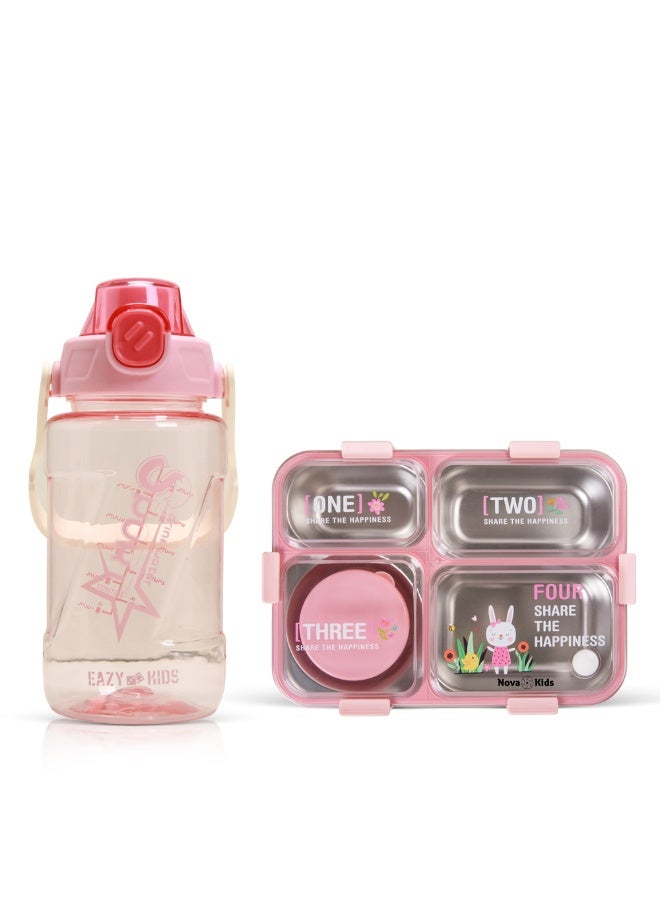Nova kids Nova Kids Stainless Steel 3 Compartment Bento Lunch Box w/ Water Bottle, Spoon & Fork Set - Pink  - Image 1