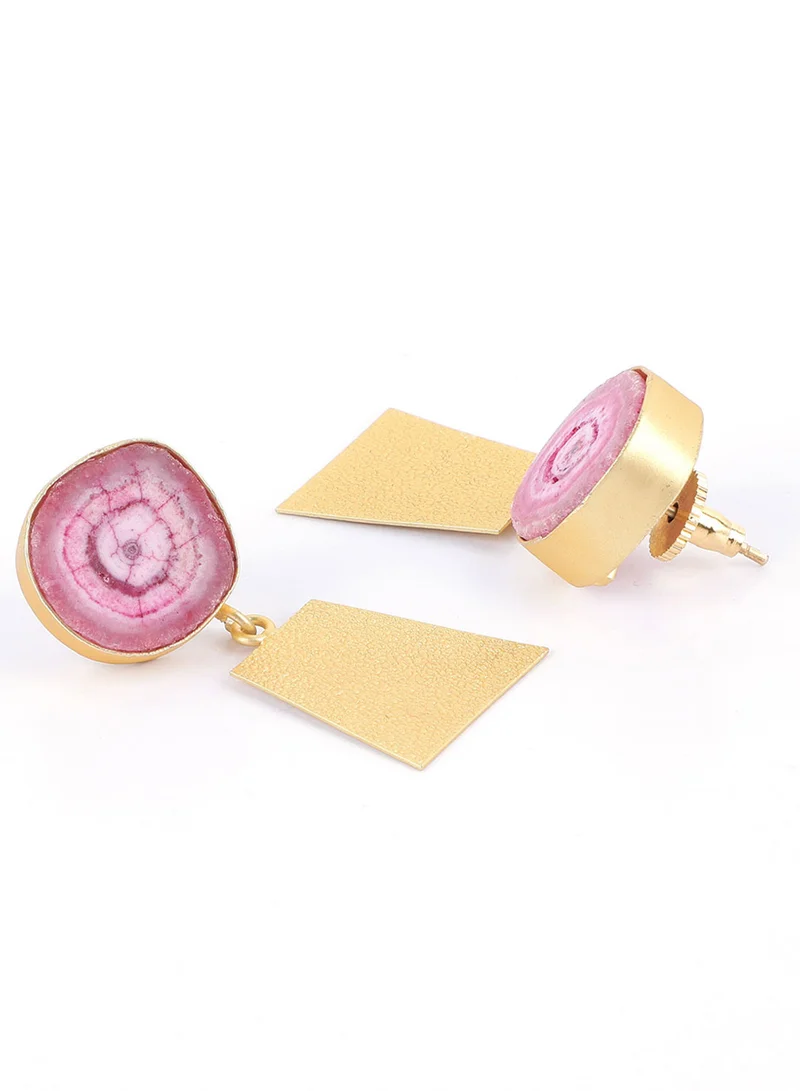 ISHIN Gold-Toned & Pink Square Drop Earrings