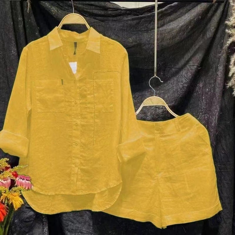 Womens Cotton Linen Solid Color Shirt Set Red  - Image 5
