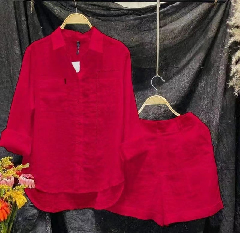 Womens Cotton Linen Solid Color Shirt Set Red  - Image 1