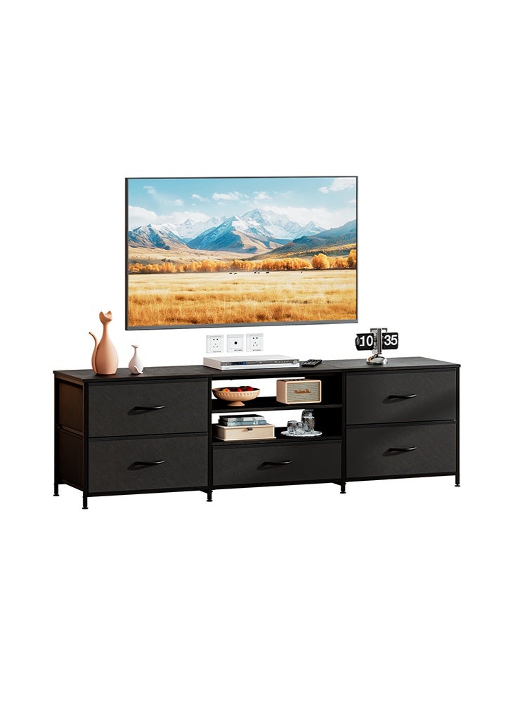 حامل تلفزيون مع أدراج، طاولة كونسول تلفزيون بثلاثة طوابق من الخشب، مناسب للتلفزيونات حتى 65 بوصة، مركز ترفيه مع رفوف مفتوحة ومساحات تخزين، خزانة لحامل التلفزيون لغرفة المعيشة.