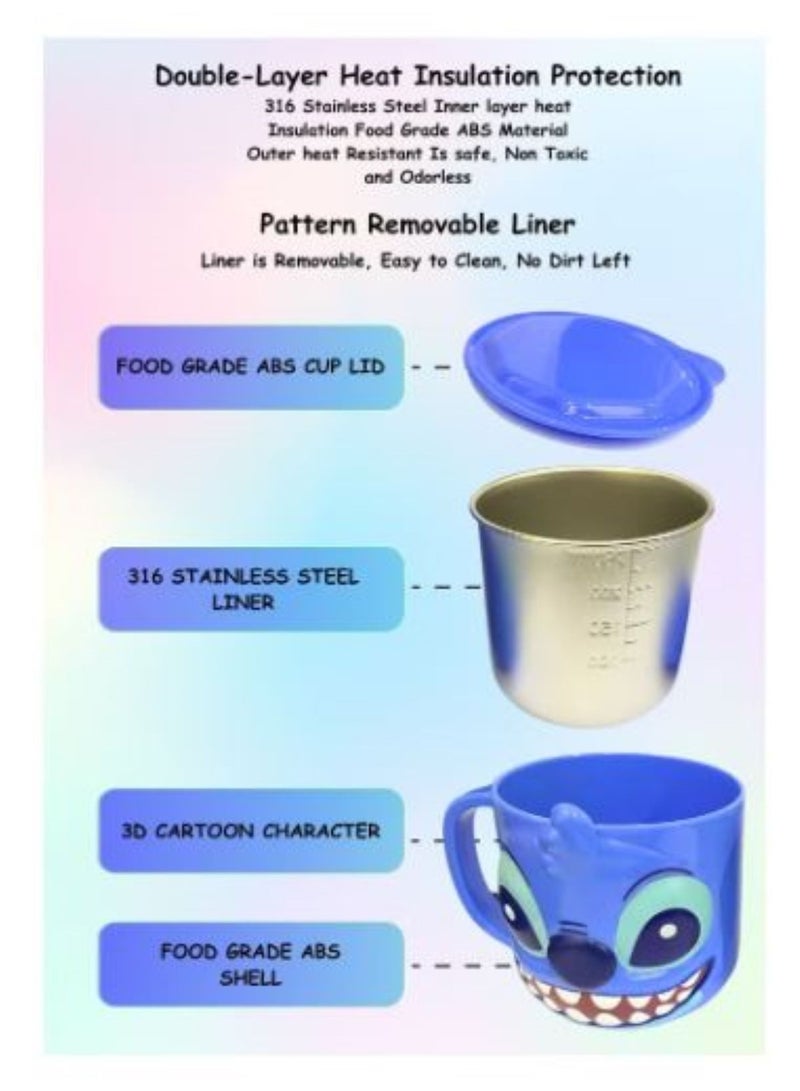 Disney 1pc 3D Cartoon Character Kids Drink Water Cup Stainless Steel Hot & Cold Stainless Steel Inner Mug with Plastic Outer Cover 280ml (Stitch) - Image 5