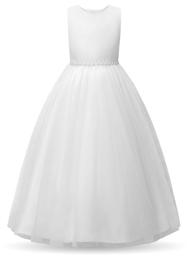 Uhnice Flower Girl Pearl Dress Tulle Ball Gown Bow Prom with Heart Cutout for Wedding Birthday Party (White, 140/8-9 Years) - Image 3