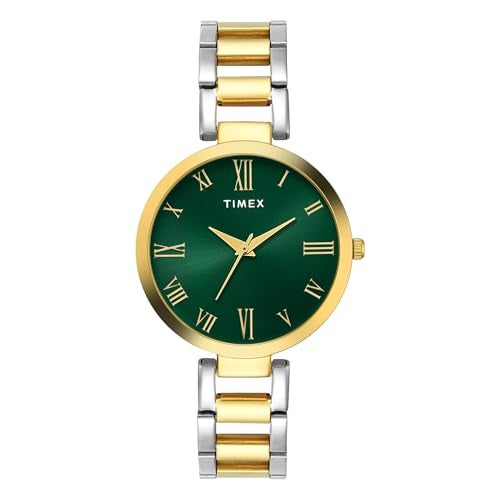 TIMEX Analog Watch for Woman with Green Round Dial & Two Tone Stainless Steel Bracelet Band Water Resistant Women's Wrist Watches - TW000X274 - Image 1