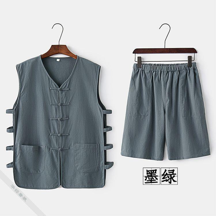 Summer Tang suit mens thin vest mandarin jacket buckle vest shorts suit linen Chinese style old head shirt waistcoat vintage Navy blue - Image 2