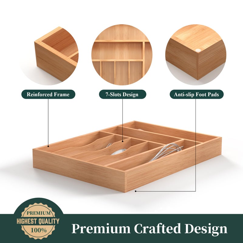 BEKVEM Bamboo Silverware Organizer, Kitchen Drawer Organizer, Utensil Holder, Cutlery Tray & Spoon Flatware Storage with Grooved Drawer Dividers (7 Slots, Natural) - Image 5