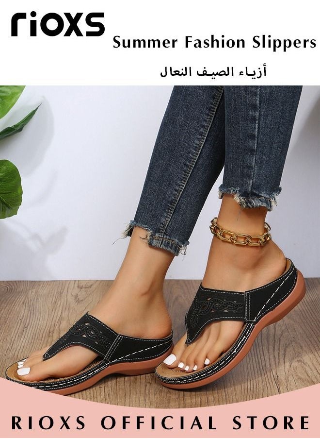 RIOXS Women's Wedge Slippers,Casual Flip Flops Slippers,Platform Slippers With Arch Support Stap,Non-slip Open Toes Shoes,Fashion Wedge Summer Shoes For Indoor/Outdoor Use  - Image 3